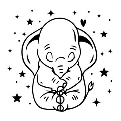 Naklejka premium Cute baby elephant sitting with a curled trunk, surrounded by stars and a heart. Adorable black and white line art, perfect for coloring books and prints.