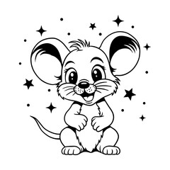 Cute black and white illustration of a happy cartoon mouse with big ears and sparkling eyes. Perfect for coloring pages, kids' designs, and print projects.