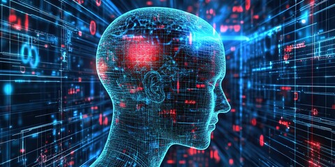 human brain on technology background, Digital background for Neural Brain Networks and AI Algorithms, data transmission and encryption, digital archives, cyber space concept, scientific research
