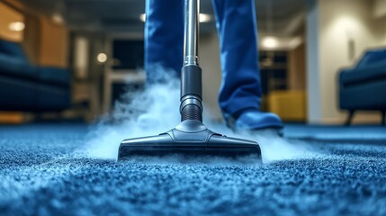 A powerful vacuum cleaner steaming over a blue carpet, emitting a professional deep-cleaning effect, emphasizing hygiene and cleanliness