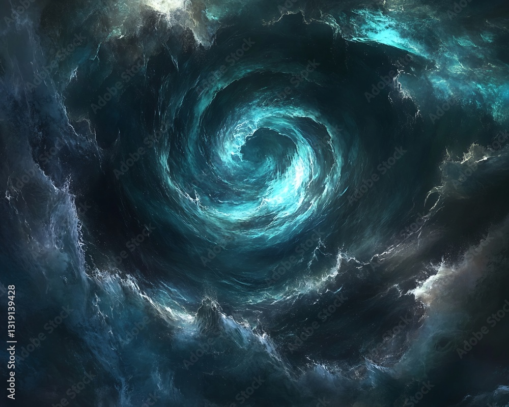 Poster digital rendering of ocean vortex with turbulent waves