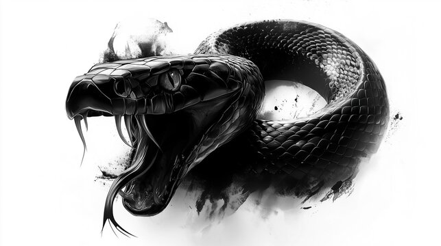 drawing illustration black and white snake with open mouth ready to attack, on white background, isolated on white