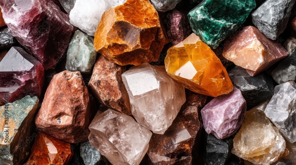 Poster a captivating collection of beautifully piled crystals in various shapes and hues, creating a mesmer
