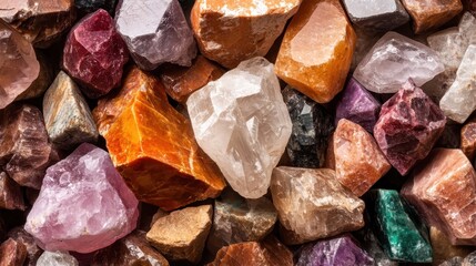 A vibrant and colorful assortment of crystals arranged in a dynamic composition, showcasing the remarkable diversity and beauty of natural stones.