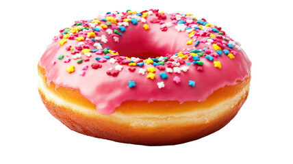 Delicious Pink donut isolated on a transparent background, Pink frosting donut with sprinkles, Pink frosting donut with sprinkles 
