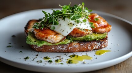An artistic presentation of a savory plate featuring eggs, grilled salmon, and fresh greens, showcasing a harmonious blend of colors and textures for a delightful meal.