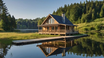 Fototapeta premium Lakeside Cabin Reflection
