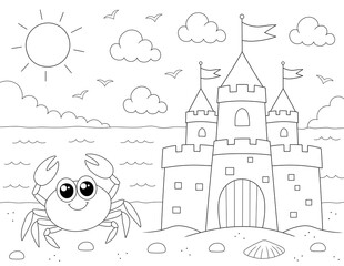 sandcastle and cartoon crab summer coloring page. you can print it on 8.5x11 inch paper