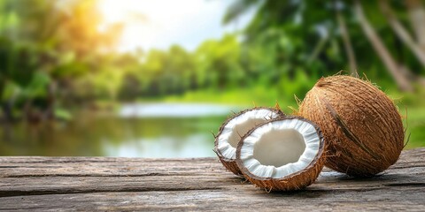 Fresh Coconut Harvest on Wooden Table with Tropical Background