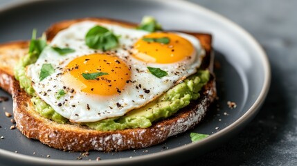 A beautiful plate featuring two sunny-side-up eggs placed on a bed of mashed avocado over toasted bread, perfect for a wholesome meal any time of day.