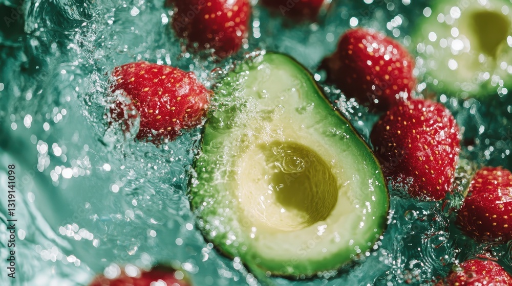Poster this vibrant image captures a fresh avocado sliced in half surrounded by juicy strawberries, creatin