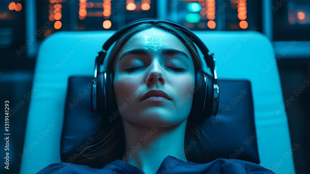 Poster futuristic sleep lab with person wearing advanced eeg headset monitoring brain activity
