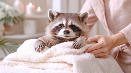 A cute raccoon being gently wrapped in a fluffy towel, enjoying a relaxing spa treatment in a warm, cozy setting