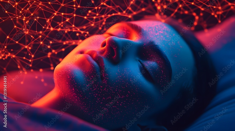 Aufkleber surreal visualization of sleeping subconscious immersed in glowing digital data streams