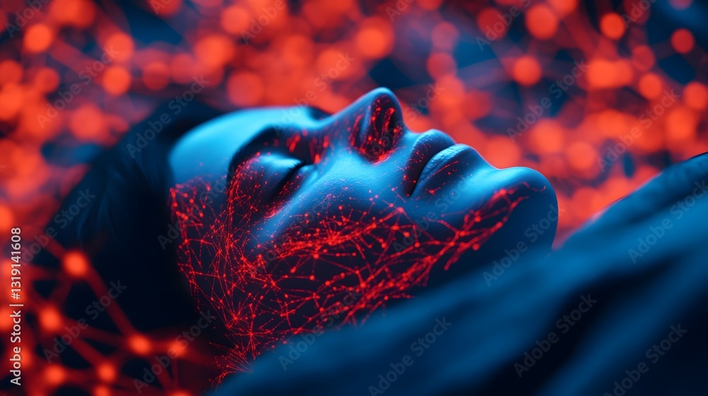 Aufkleber surreal visualization of a sleeping person amidst glowing neural data streams