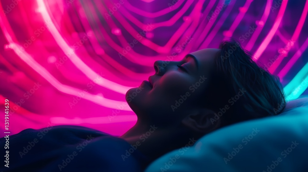 Poster floating in a dreamlike neon-lit surreal space with brainwave signals and sleep cycle graphs