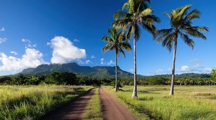 Obraz premium Lush Palm Trees Along Scenic Pathway in Tropical Agriculture Landscape