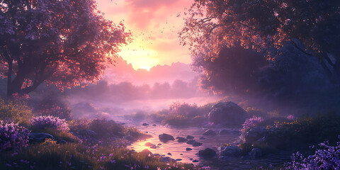 Naklejka premium Dreamy Valley Covered in Mist at Sunrise for Nature Photography, Travel Inspiration, or Atmospheric Art Projects