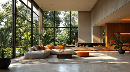 Fototapeta premium Modern interior design of a spacious living room with large windows and natural light, greenery outside