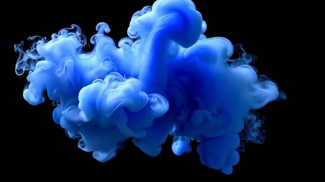 Vibrant blue ink cloud expands in dark space with fluid grace and dynamic motion, smoke on black background