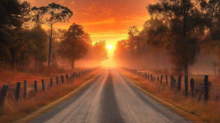 Obraz premium serene dirt road stretches into distance, framed by trees and bathed in warm glow of sunrise. mist adds mystical quality to scene, evoking tranquility and beauty