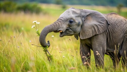 Obraz premium Young elephant gently interacts with delicate wildflowers in a serene grassland setting