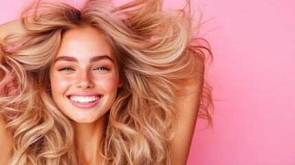 Fototapeta premium A cheerful young woman poses with voluminous hair, radiating happiness and confidence against a pink background, embodying joy and carefree beauty.