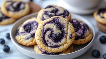 Delicious blueberry swirl cookie up-close: rich chocolatey spirals encase juicy blueberries, creating a mouthwatering contrast that promises an irresistible bite