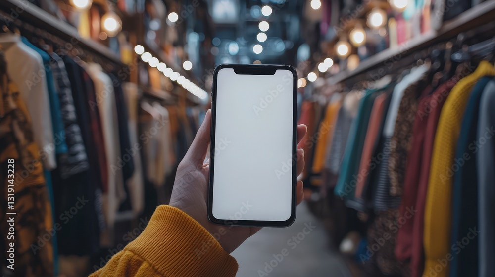Poster holding a smartphone with a white screen and the background is shopping online visual search integra
