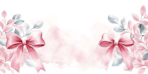 Delicate Watercolor Floral Banner with Pink Bows