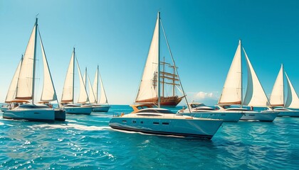 Fototapeta premium A fleet of sleek sailing yachts gracefully glides across a vibrant ocean, accompanied by a majestic tall ship under a brilliant summer sky.