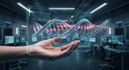 Futuristic Hand Holding Rotating DNA Helix in Digital Environment