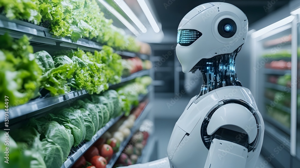 Poster futuristic ai-powered robots inspecting food in blockchain-enabled supply chain