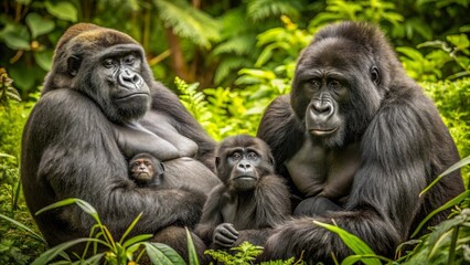 Obraz premium A gorilla family portrait mother, father, and two young gorillas nestled together in lush green vegetation.