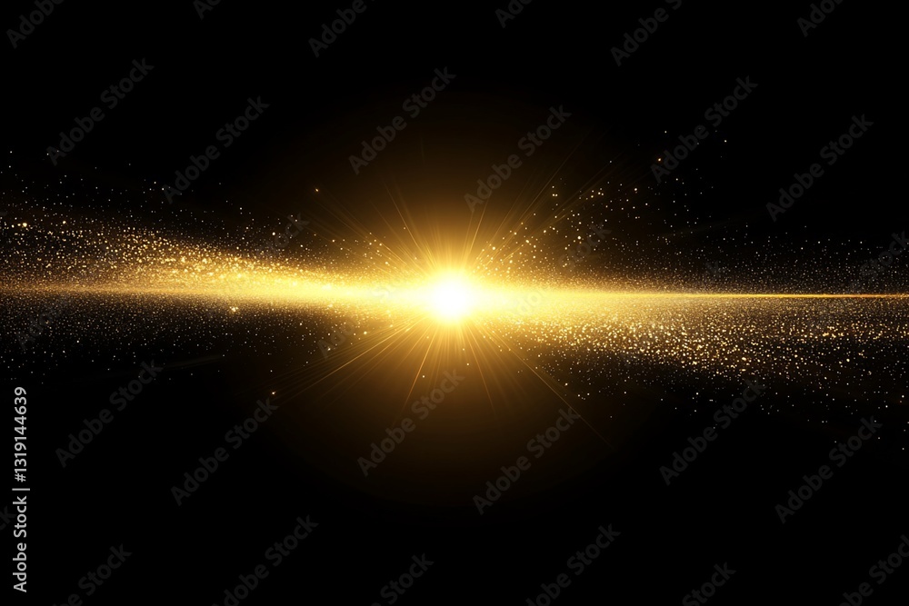 Poster golden light source with particles on black background