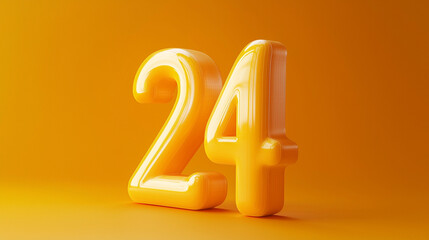 Glossy yellow number 24 on vibrant orange background