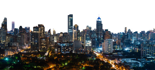 Bangkok skyline at night with illuminated skyscrapers and city lights, isolated on white...