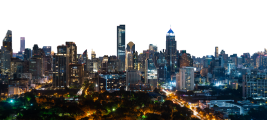 Bangkok skyline at night with illuminated skyscrapers and city lights, isolated on white background. Urban cityscape concept of modern architecture