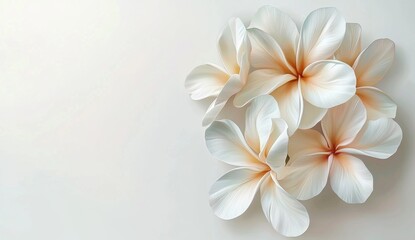 Soft, pale cream and white plumeria blossoms arranged on a bright white background. High key lighting creates a gentle, serene mood