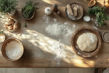 Fototapeta premium Rustic Kitchen Countertop with Dough and Fresh Herbs