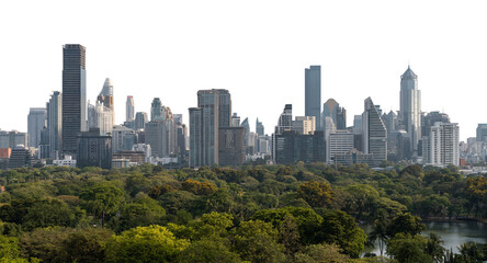 Bangkok city skyline with tall skyscrapers and a green park in the foreground, isolated on a white...