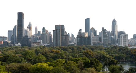 Bangkok city skyline with tall skyscrapers and a green park in the foreground, isolated on a white background. Urban architecture and nature contrast concept