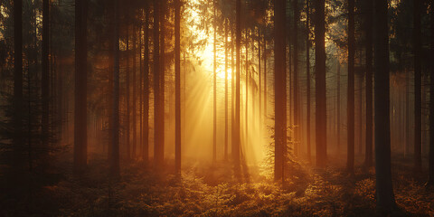 Fototapeta premium Golden Sunlight Filtering Through Tall Pine Trees in a Peaceful Forest for a Serene Escape