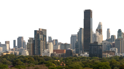 Bangkok skyline with modern skyscrapers and lush green trees in the foreground, isolated on white background. Cityscape concept
