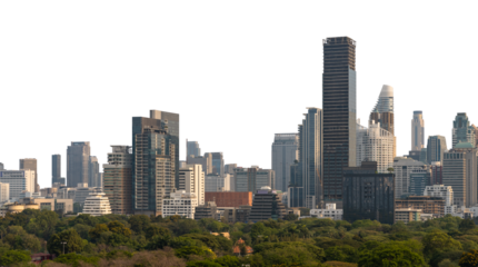 Bangkok skyline with modern skyscrapers and lush green trees in the foreground, isolated on white background. Cityscape concept