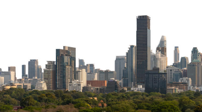 Bangkok skyline with modern skyscrapers and lush green trees in the foreground, isolated on white background. Cityscape concept