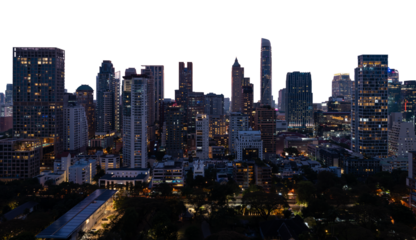Bangkok city skyline at night with illuminated skyscrapers, modern buildings, and urban landscape, isolated on a white background
