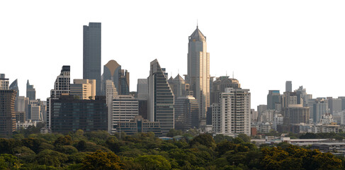 Bangkok city skyline with modern skyscrapers and lush green park in the foreground, isolated on a white background. Urban cityscape concept