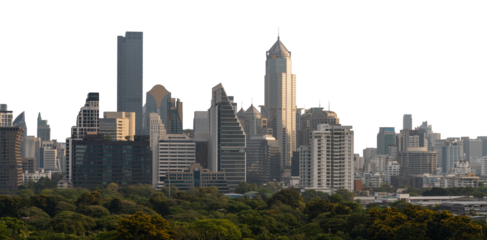 Bangkok city skyline with modern skyscrapers and lush green park in the foreground, isolated on a white background. Urban cityscape concept