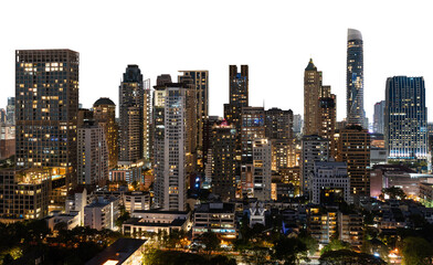 Modern Bangkok city skyline at night with illuminated buildings, isolated on a white background. Capturing the vibrant urban architecture of Thailand